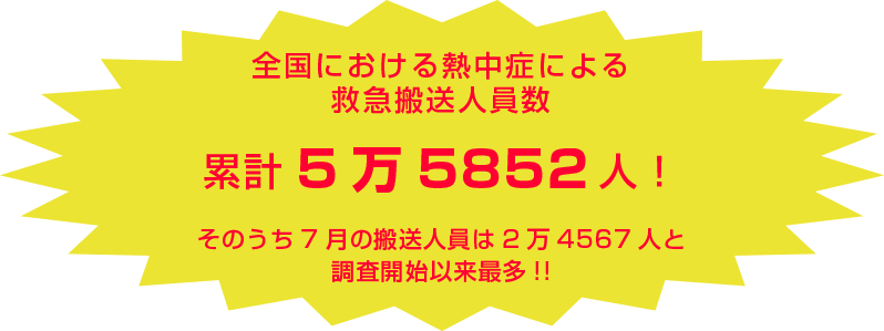 全国における熱中症による救急搬送人員数 　累計5万5852人　（平成27年５〜９月まで）そのうち７月の搬送人員は２万4567人と調査以来最多！